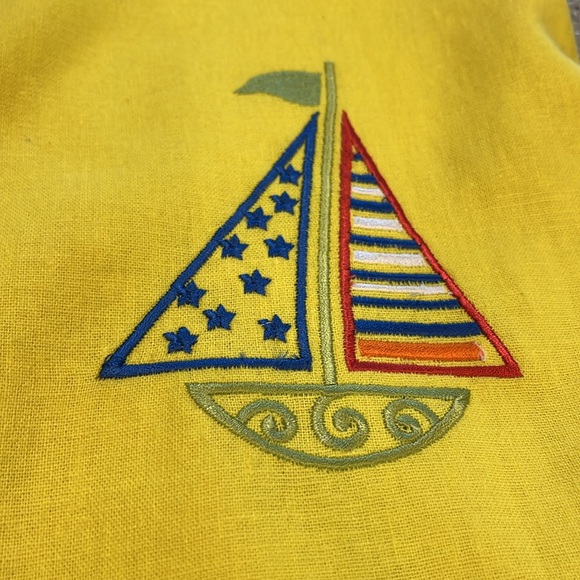 VINTAGE BETSYS THINGS EMBROIDERED SAILBOAT LINEN SHIFT DRESS YELLOW PLUS SIZE 14 - Picture 7 of 12